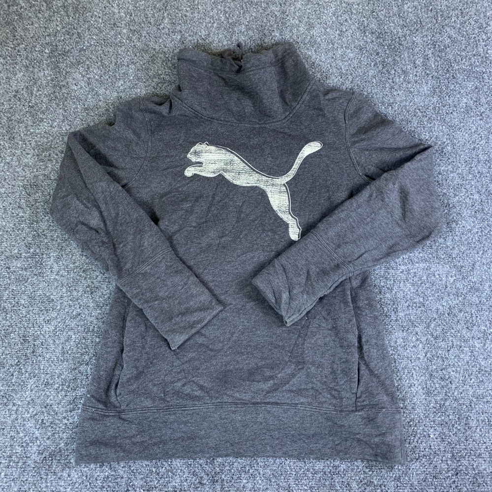 Puma Sweatshirt Womens M Heather Gray Logo Graphic Cotton Turtleneck Pullover